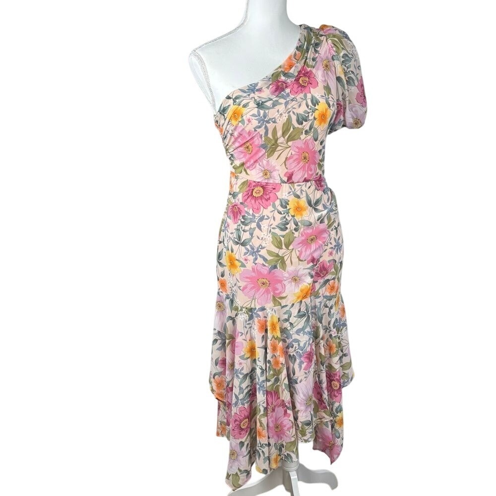 Astr One-Shoulder Floral Asymmetrical Midi Dress in Pink and Yellow - Picture 3 of 11